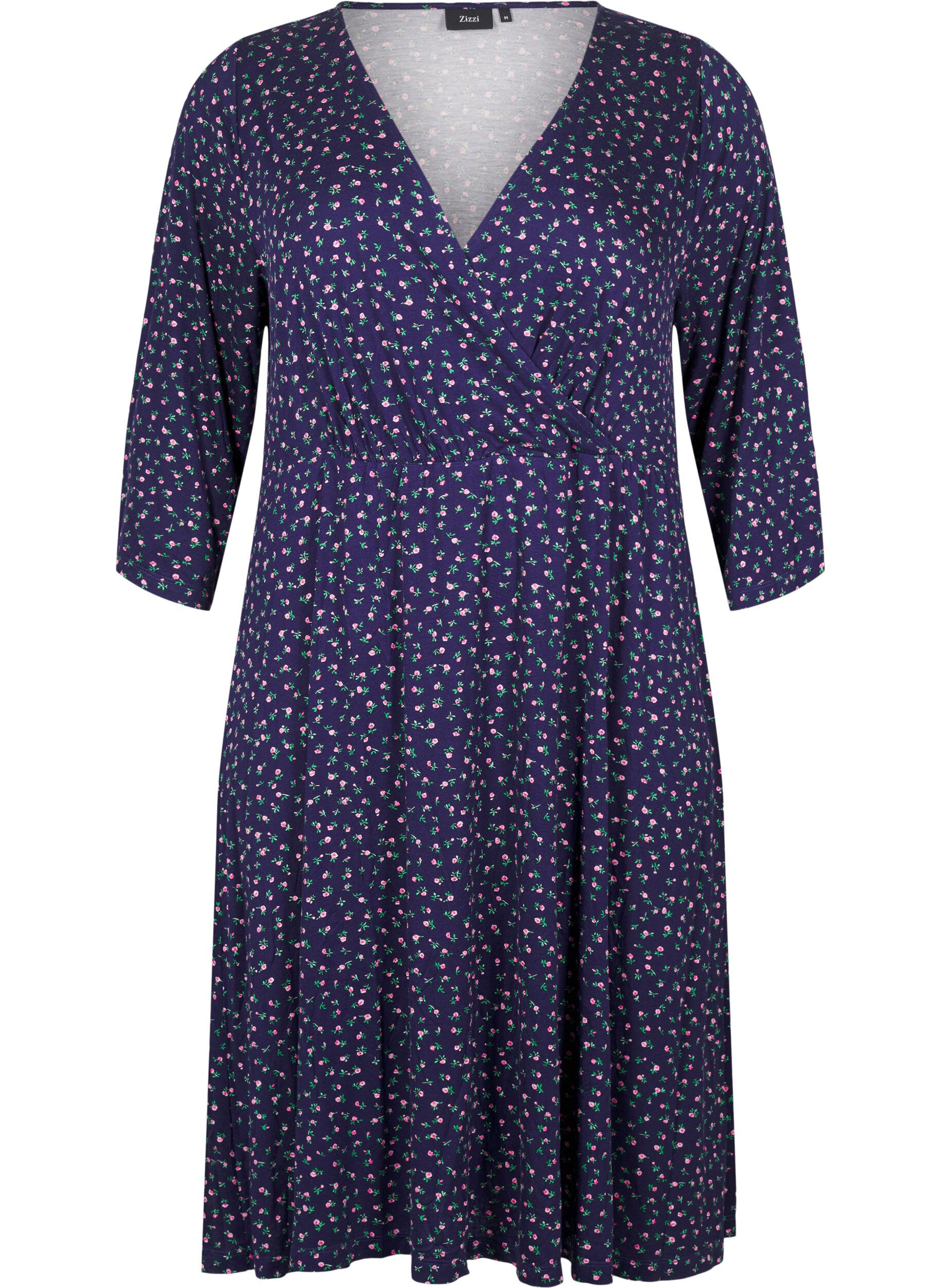Zizzi Wickelkleid mit floralem Muster und 3/4-&Auml;rmeln, Evening Blue Ditsy, Packshot image number 0