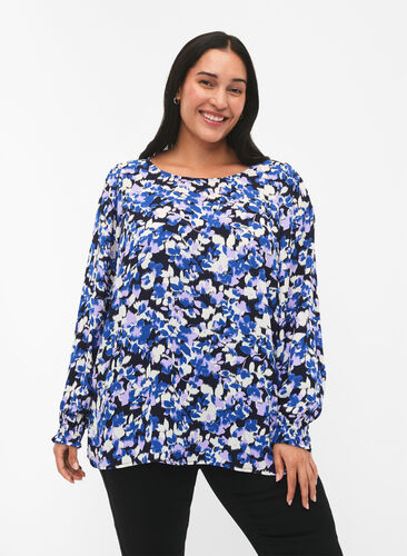 FLASH - Langärmelige Bluse gesmokt und bedruckt, Blue Purple Flower, Model image number 0