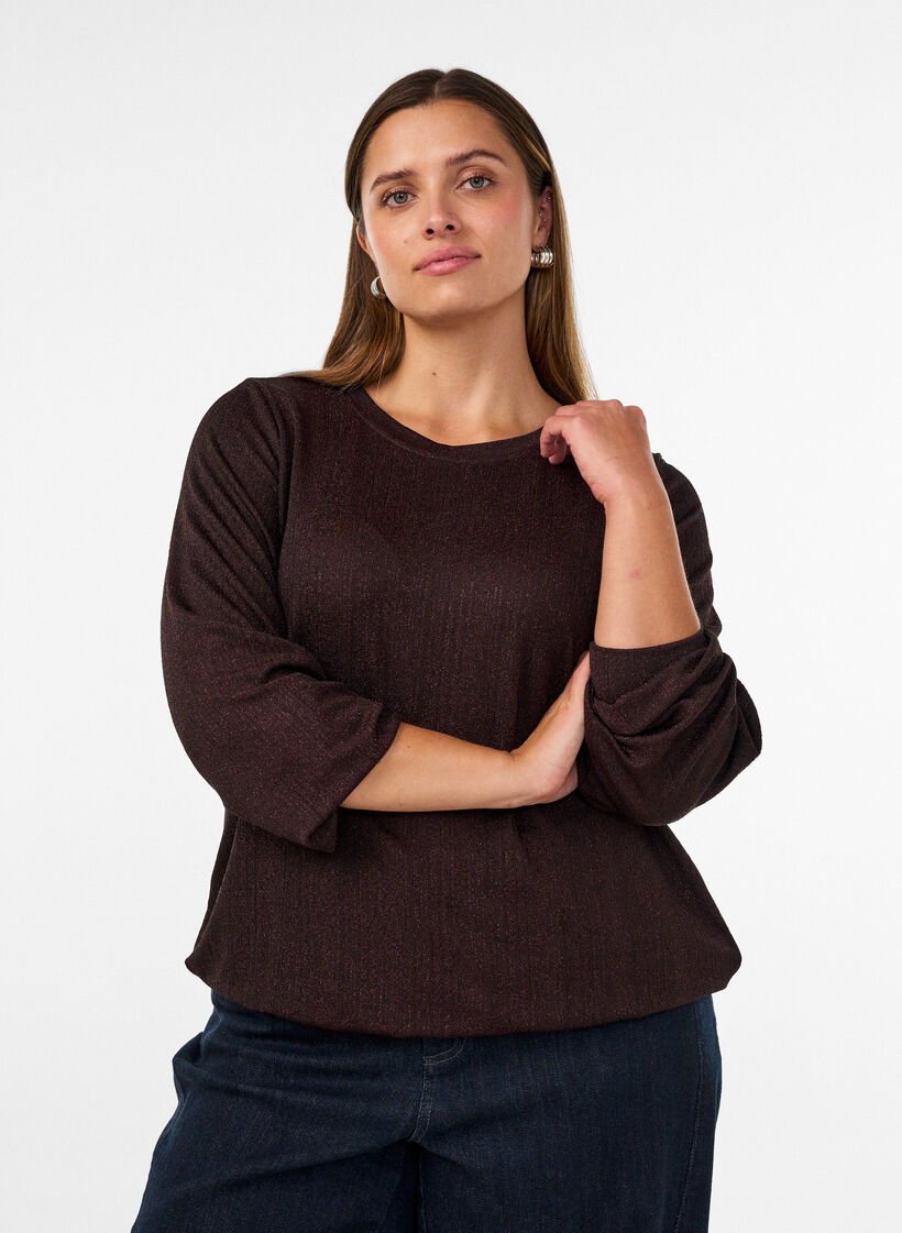 Bluse mit vertikaler Struktur und Glitzerfaden, Braun, Model image number 0