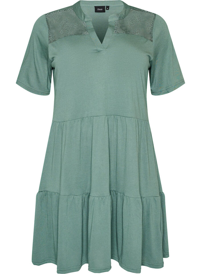 Jerseykleid mit Spitzendetails und mehrlagigem Rock, Gr&uuml;n, Packshot image number 0