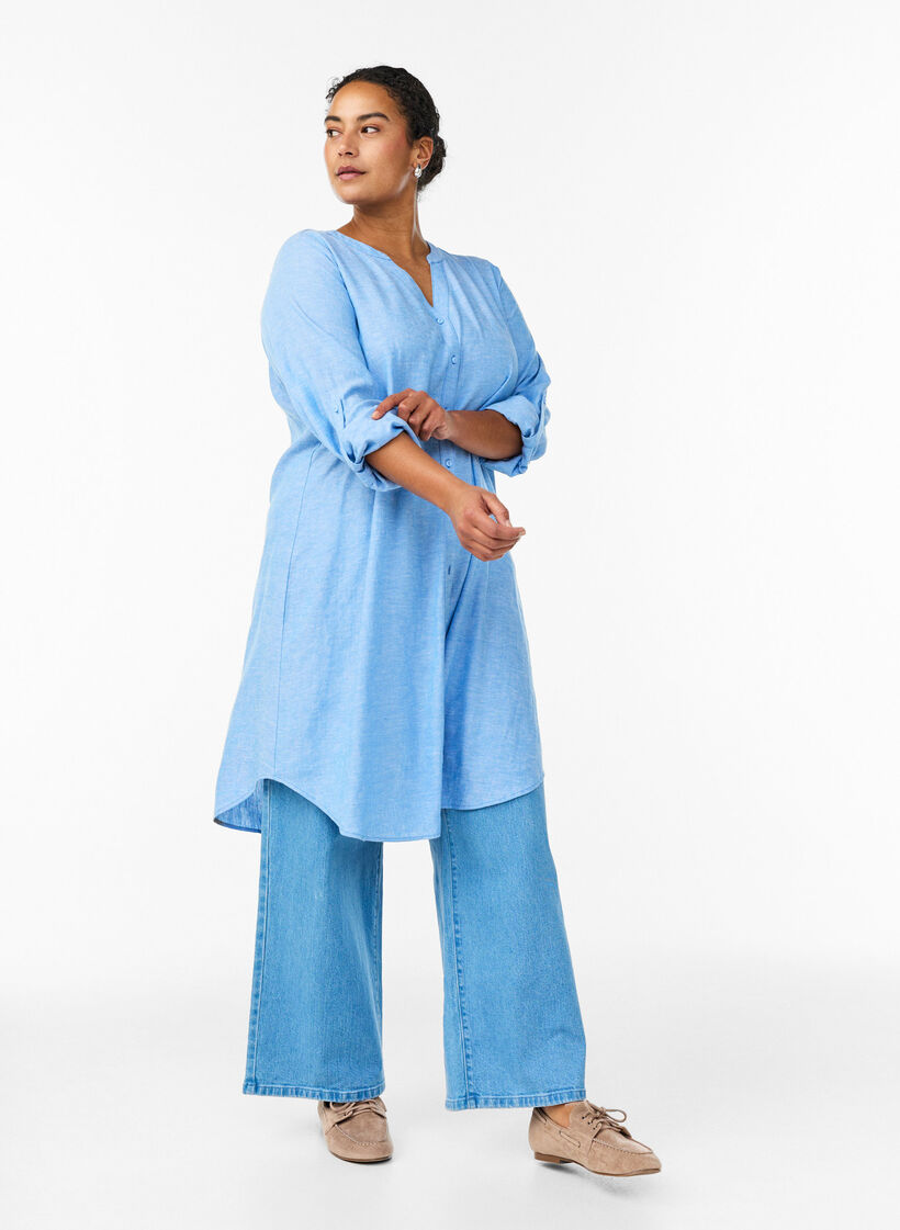 Lange Bluse aus Leinen und Viskose, Blau, Model image number 1