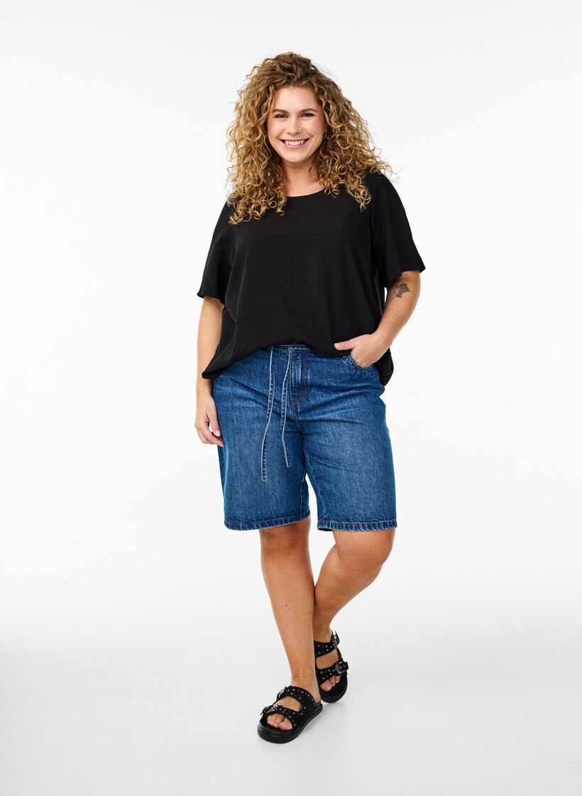 Bluse mit kurzen Ärmeln und elastischem Saum, Schwarz, Model image number 1