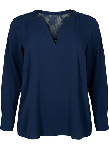 Langärmelige Bluse mit Spitzendetail , Navy Blazer, Packshot image number 0