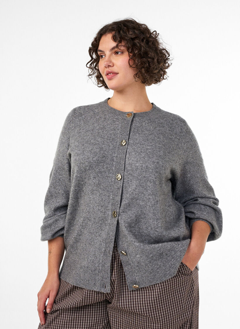 Strickjacke aus weichem Strick mit goldfarbenen Kn&ouml;pfen, Grau, Model image number 0