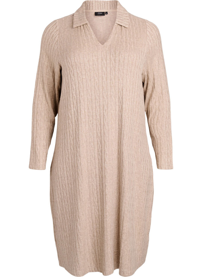 Kleid mit Zopfmuster und V-Ausschnitt, Beige, Packshot image number 0