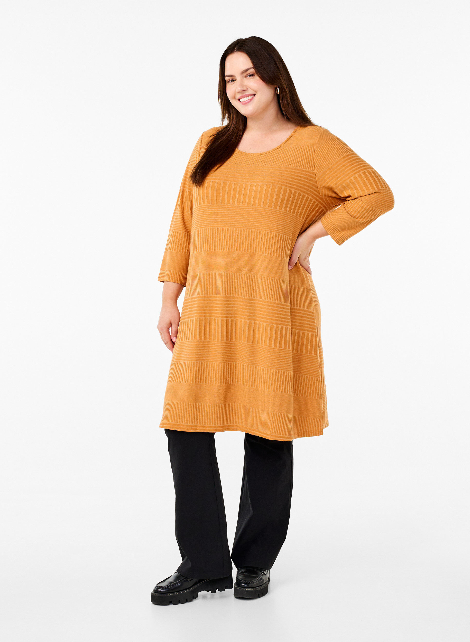 Zizzi Kleid mit 3/4-&Auml;rmeln und Streifenmuster, Sudan Brown Mel., Model image number 2