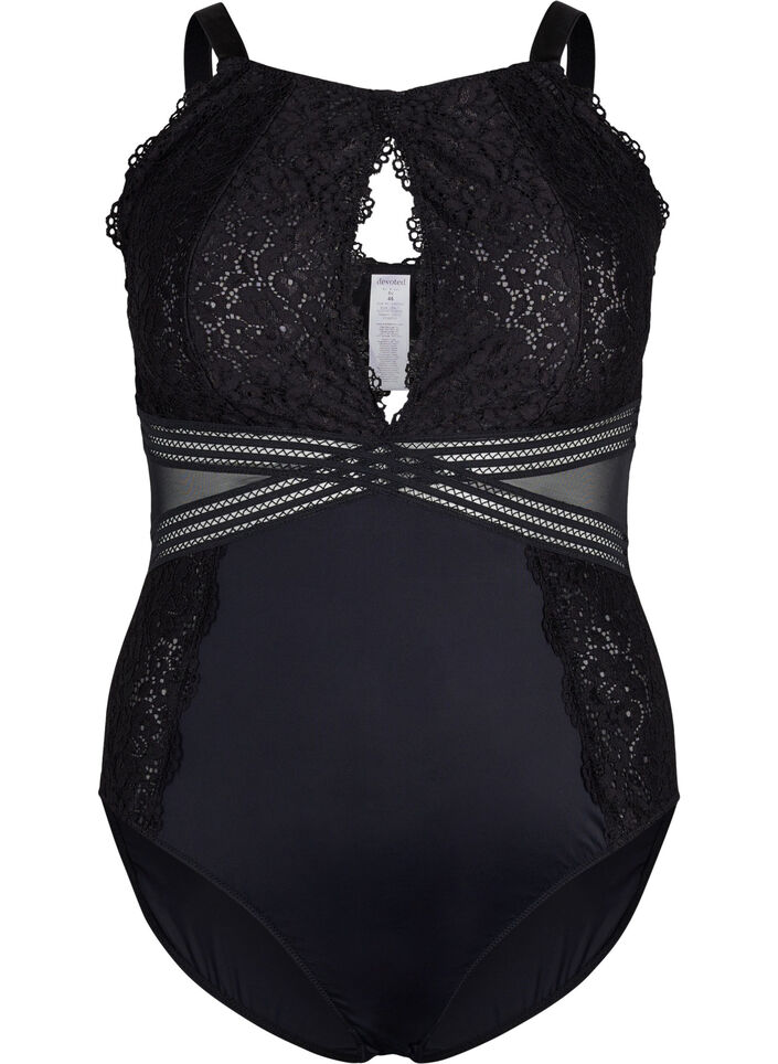 Bodystocking mit Spitze und Aussparungen, Black, Packshot image number 0