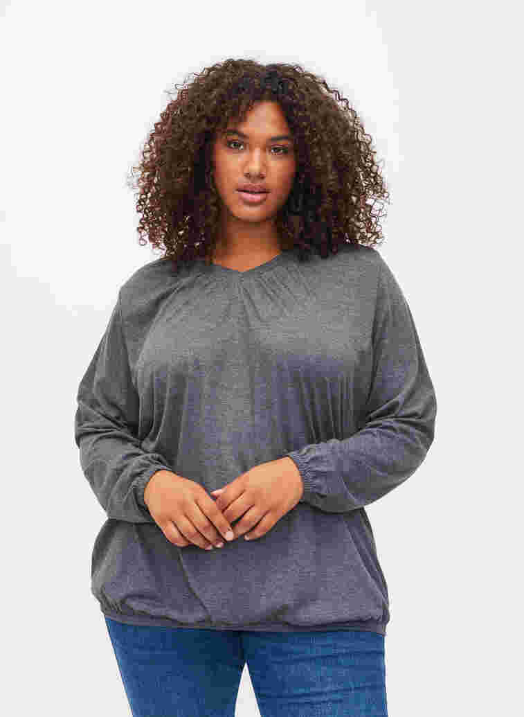 Melierte-Bluse mit langen Ärmeln und V-Ausschnitt, Dark Grey Melange, Model
