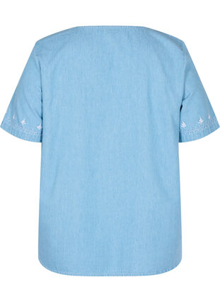 Kurzärmelige Bluse mit Stickerei, Light blue denim, Packshot image number 1