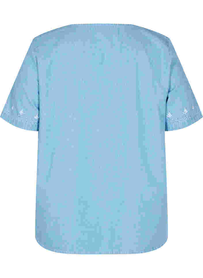 Kurzärmelige Bluse mit Stickerei, Light blue denim, Packshot image number 1