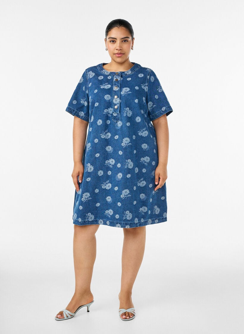 A-Linien-Kleid aus Denim mit Blumenmuster, Blau, Model image number 1
