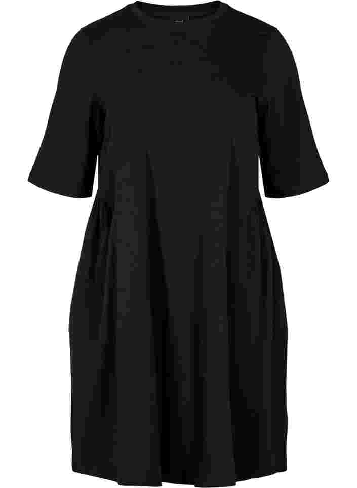 Kurzarm Baumwollkleid mit Falten, Black, Packshot image number 0