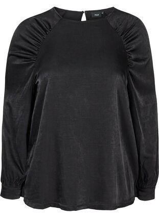 Langarm Bluse mit Faltendetails und dekorativen Knöpfen, Black, Packshot image number 0