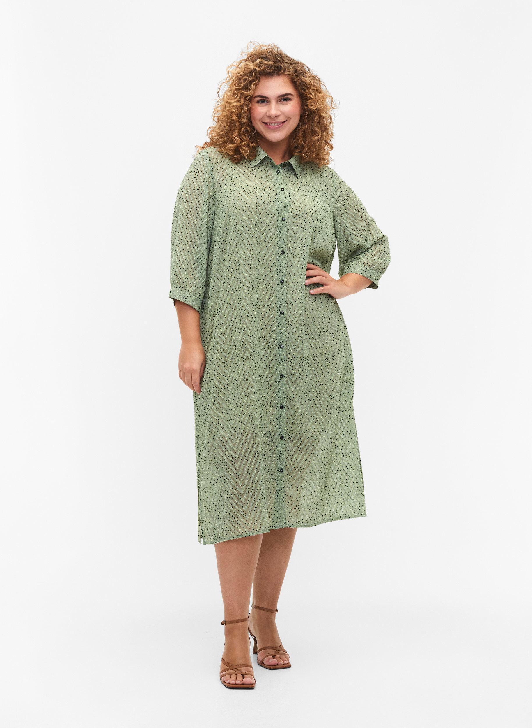 Zizzi Gepunktetes Shirtkleid mit 3/4 &Auml;rmeln und Schlitz, Seagrass Dot, Model image number 0