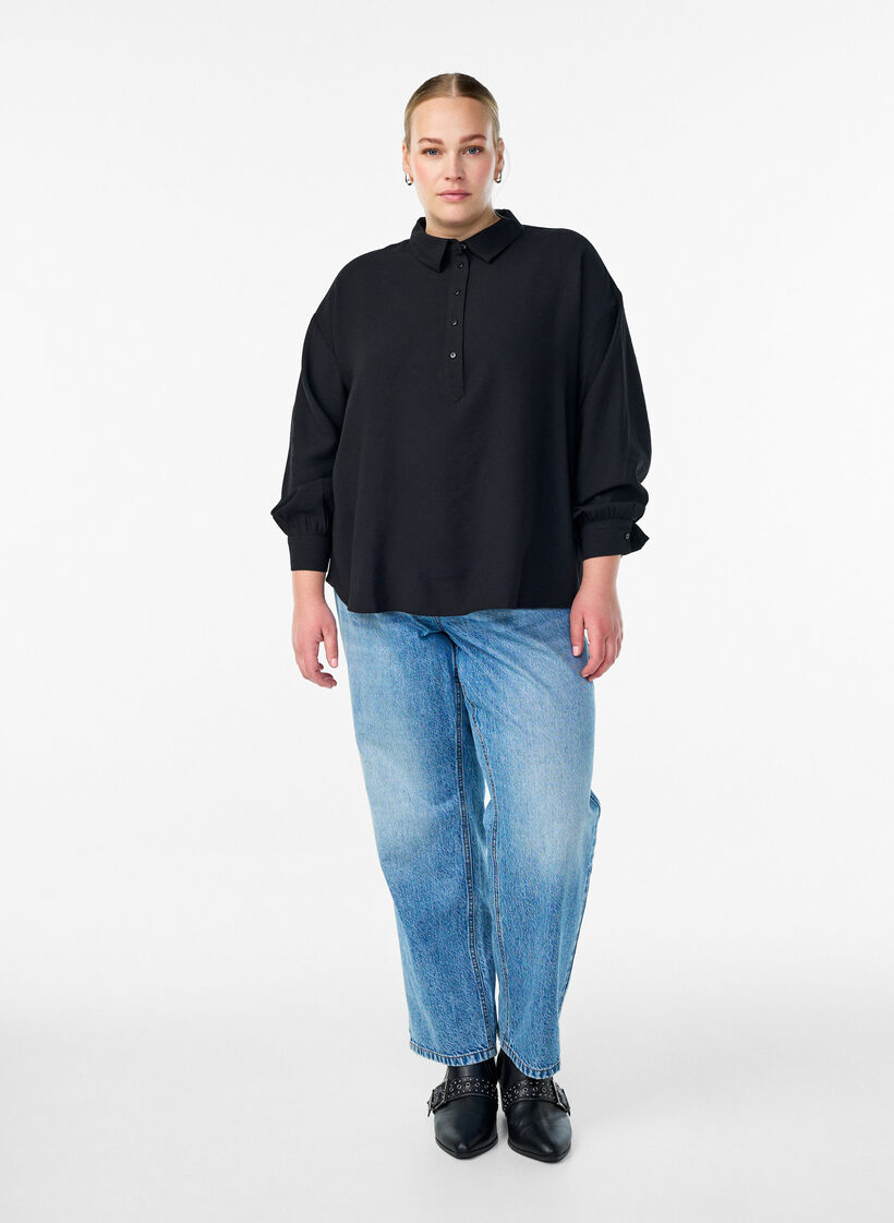 Hemdbluse mit Knopfdetail am Rücken, Schwarz, Model image number 1