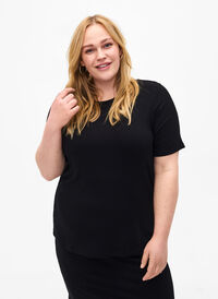 T-Shirt aus gerippter Viskose, Black, Model