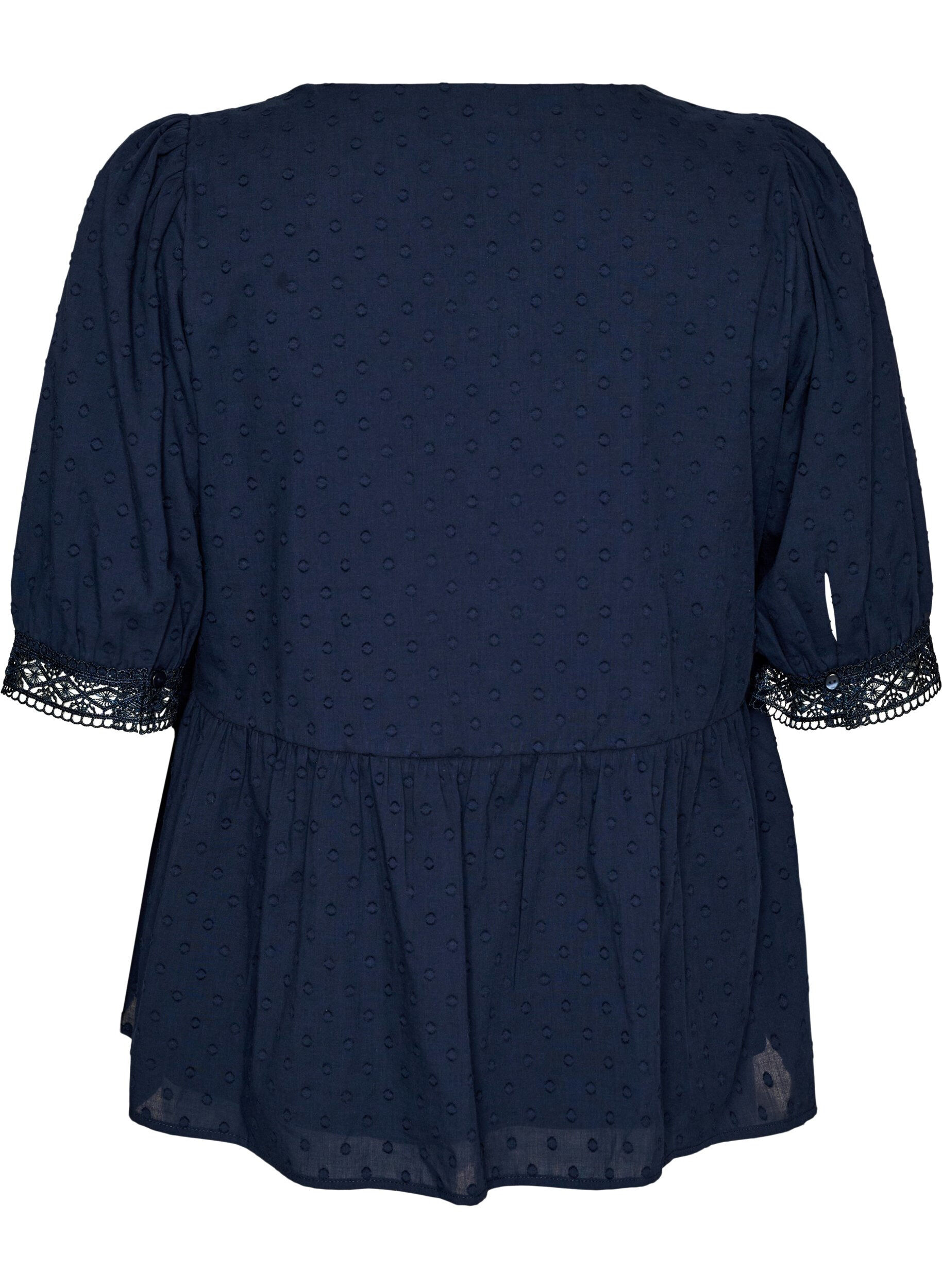 Zizzi Bluse aus strukturierter Baumwolle mit H&auml;keldetails, Blau, Packshot image number 1