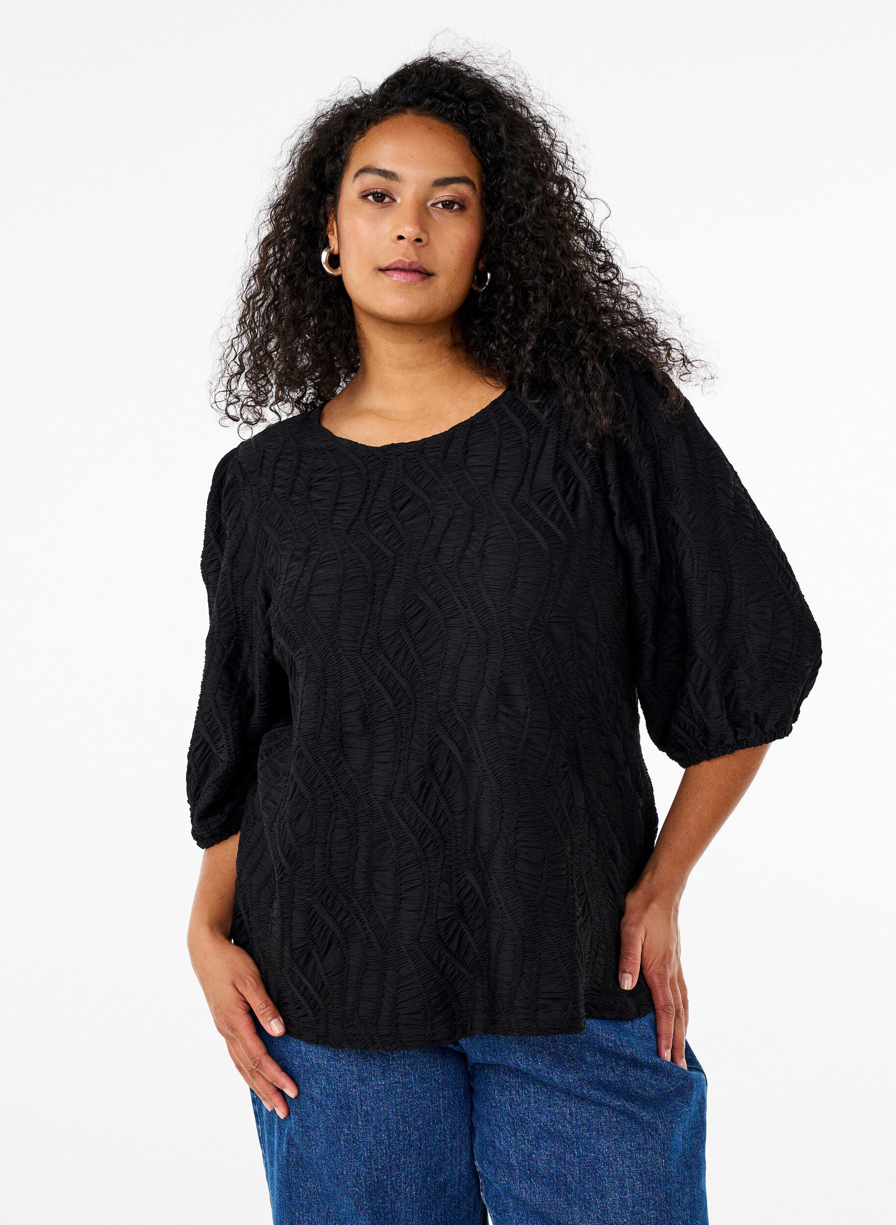 ZizziBluse mit Struktur und 3/4-&Auml;rmeln, Schwarz, Model image number 0
