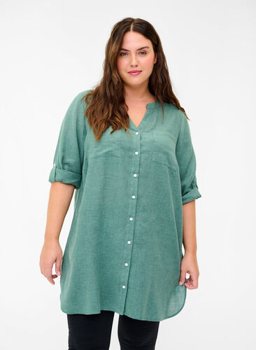 Hemdbluse mit V-Ausschnitt und Taschen, Balsam Green, Model image number 0