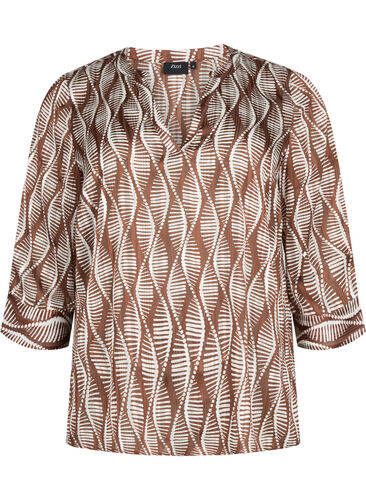 Bluse mit Print und 3/4-Ärmeln, Brown Abstract AOP, Packshot image number 0
