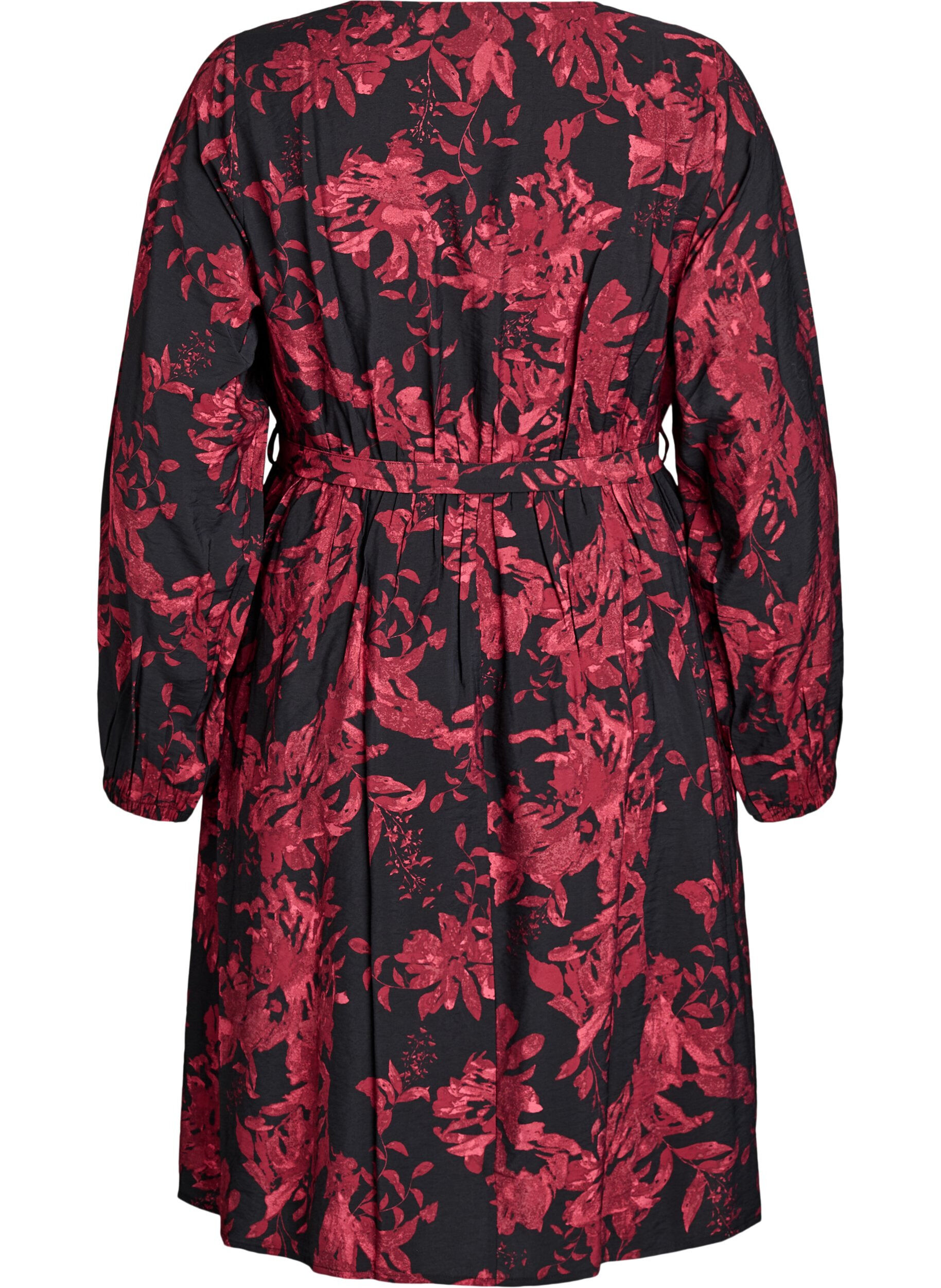 Zizzi Knielanges Kleid mit Bindeg&uuml;rtel und Wickeloptik, Schwarz, Packshot image number 1