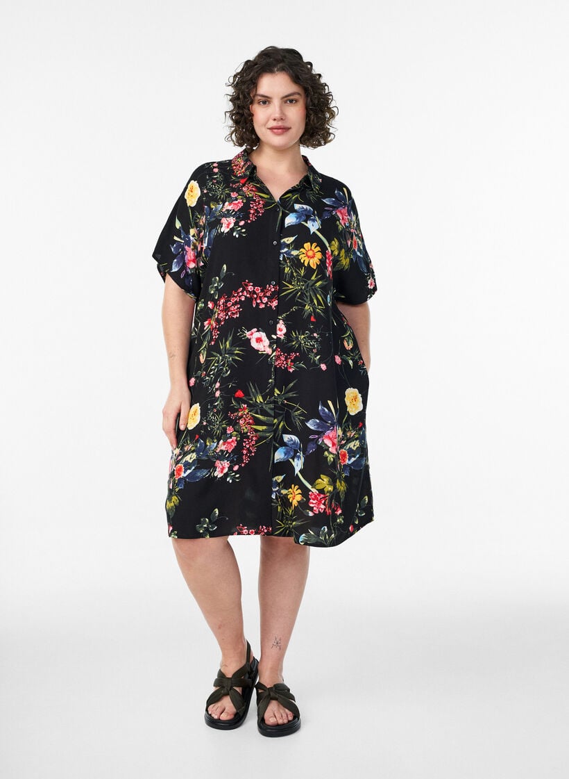 Locker geschnittenes langes Hemd aus Viskose, Schwarz, Model image number 0