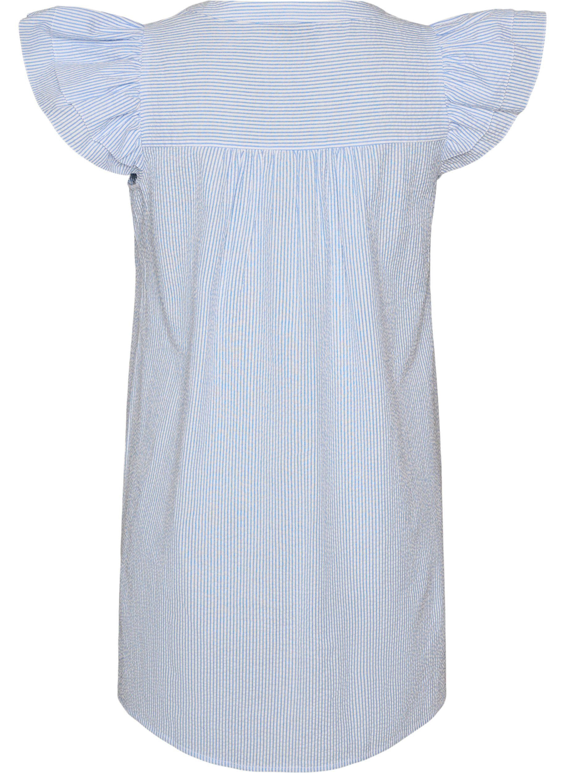ZizziGestreiftes Kleid aus Baumwolle mit R&uuml;schen und A-Linien-Schnitt, Blau, Packshot image number 1