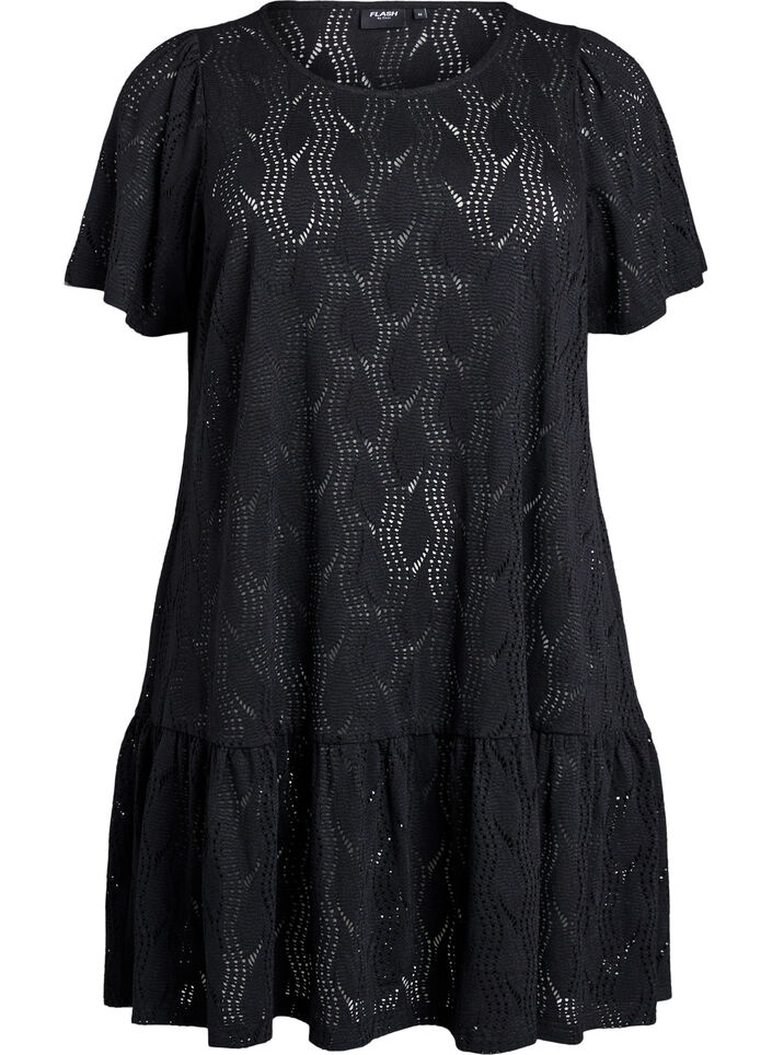 Kurzes Jerseykleid mit Lochmuster, Schwarz, Packshot image number 0