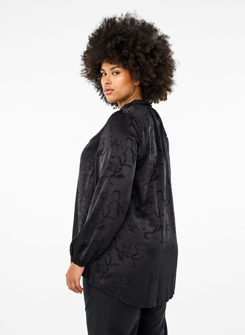 Satinstoffbluse mit Ton-in-Ton-Muster, Black, Model image number 1