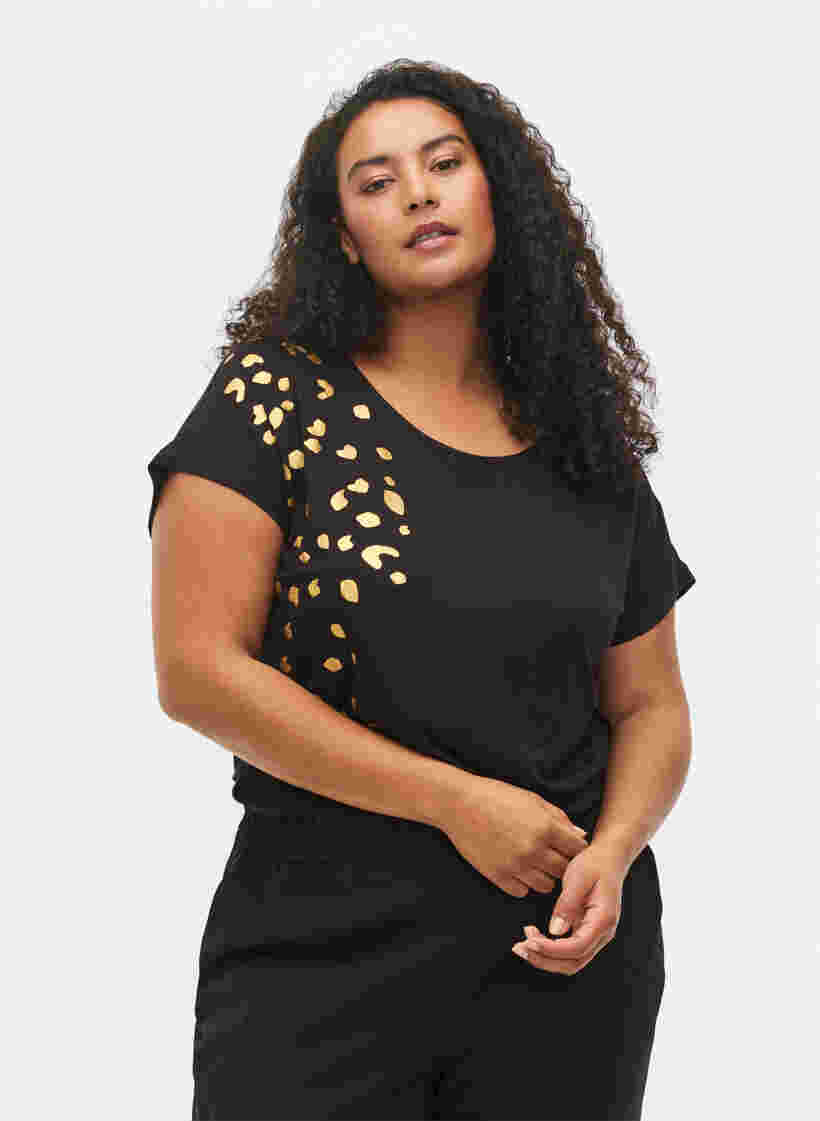 Kurzärmeliges Viskose-T-Shirt mit Golddruck, Black Gold , Model image number 0