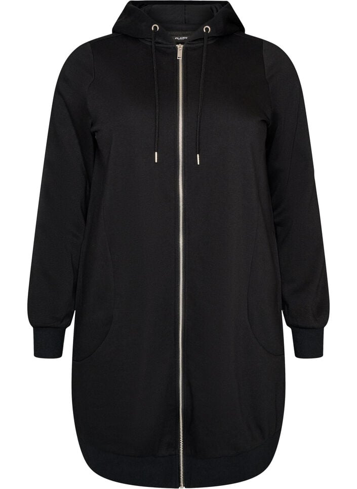 Langer Hoodie mit Rei&szlig;verschluss und Taschen, Schwarz, Packshot image number 0