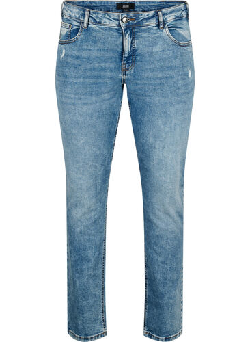Emily Jeans mit regulärer Taille und Destroy-Effekt, Blue denim, Packshot image number 0