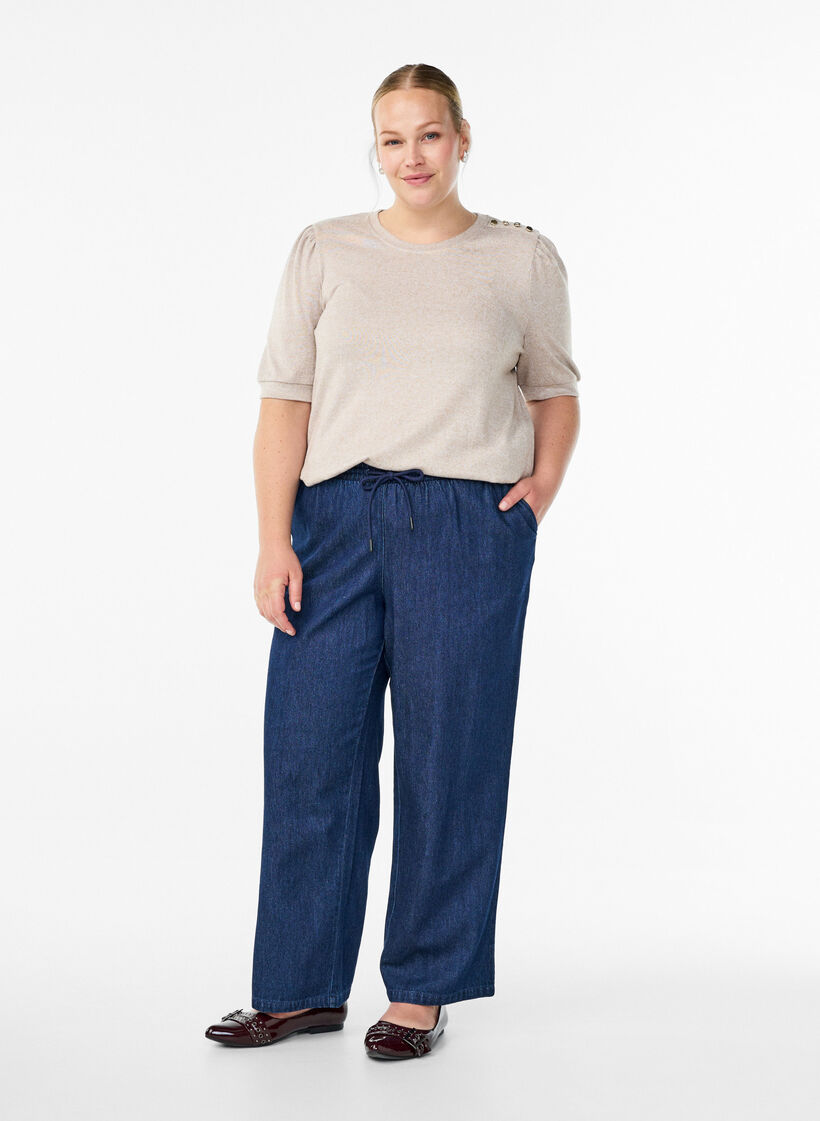 Bluse mit Knopfdetail und kurzen Puffärmeln, Beige, Model image number 1