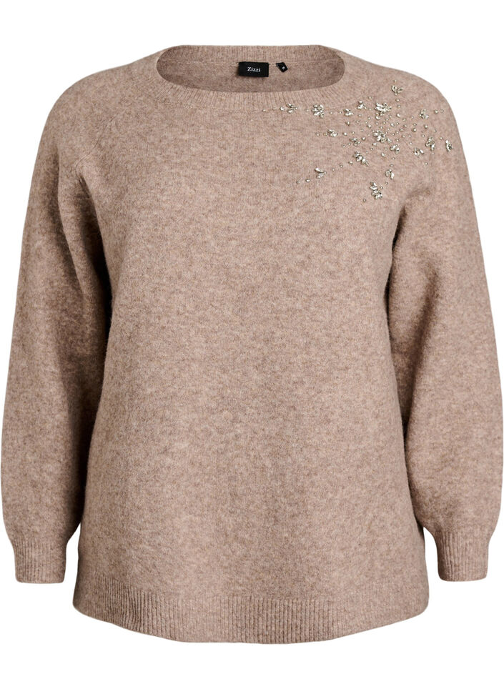 Bluse aus Strick mit Strasssteinen und Nieten, Beige, Packshot image number 0