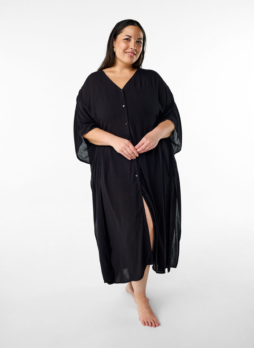 Kaftan-Strandkleid mit Knöpfen, Schwarz, Model image number 0