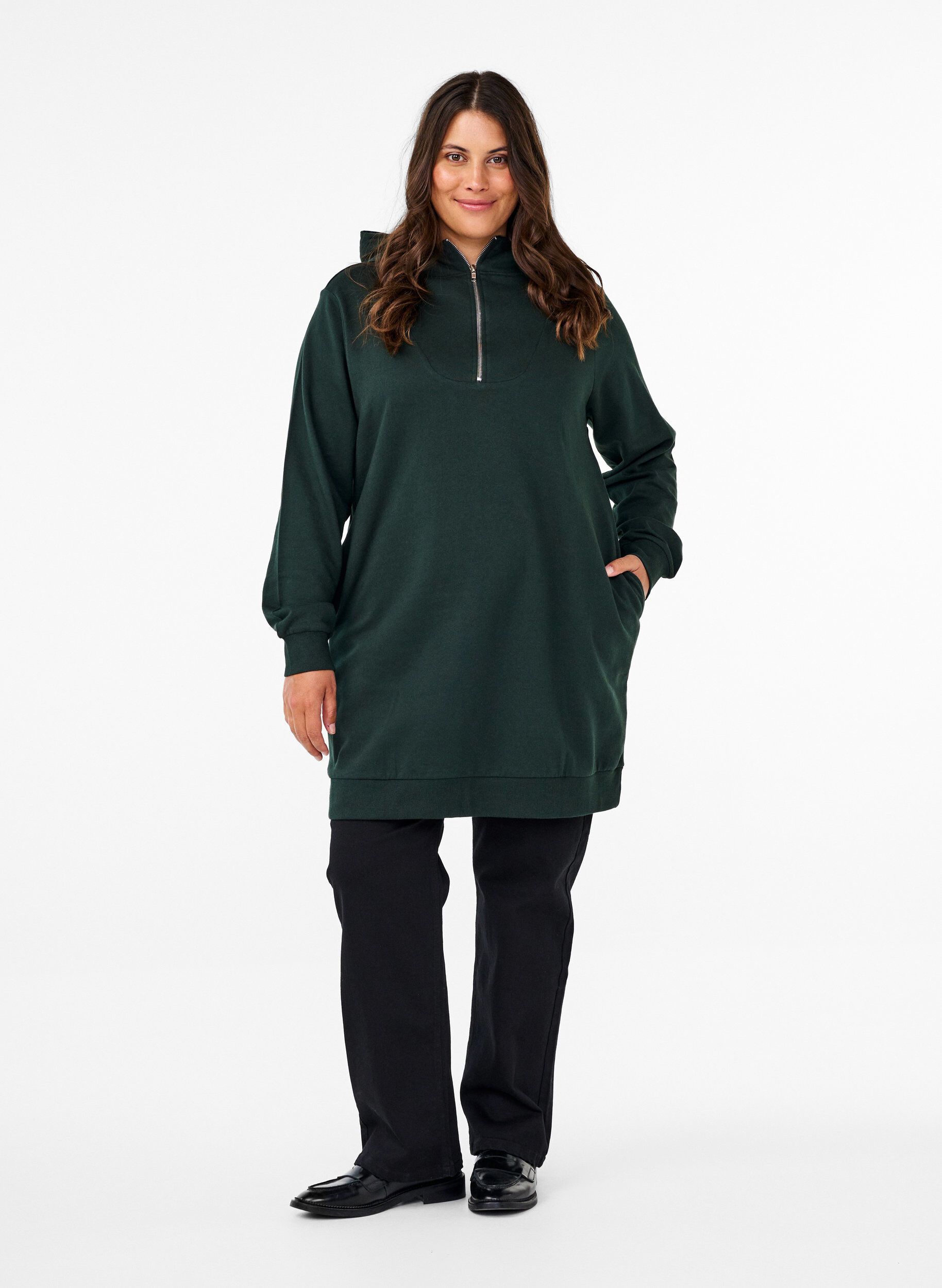 Zizzi Sweat-Tunika mit Kapuze und Rei&szlig;verschluss, Scarab, Model image number 2