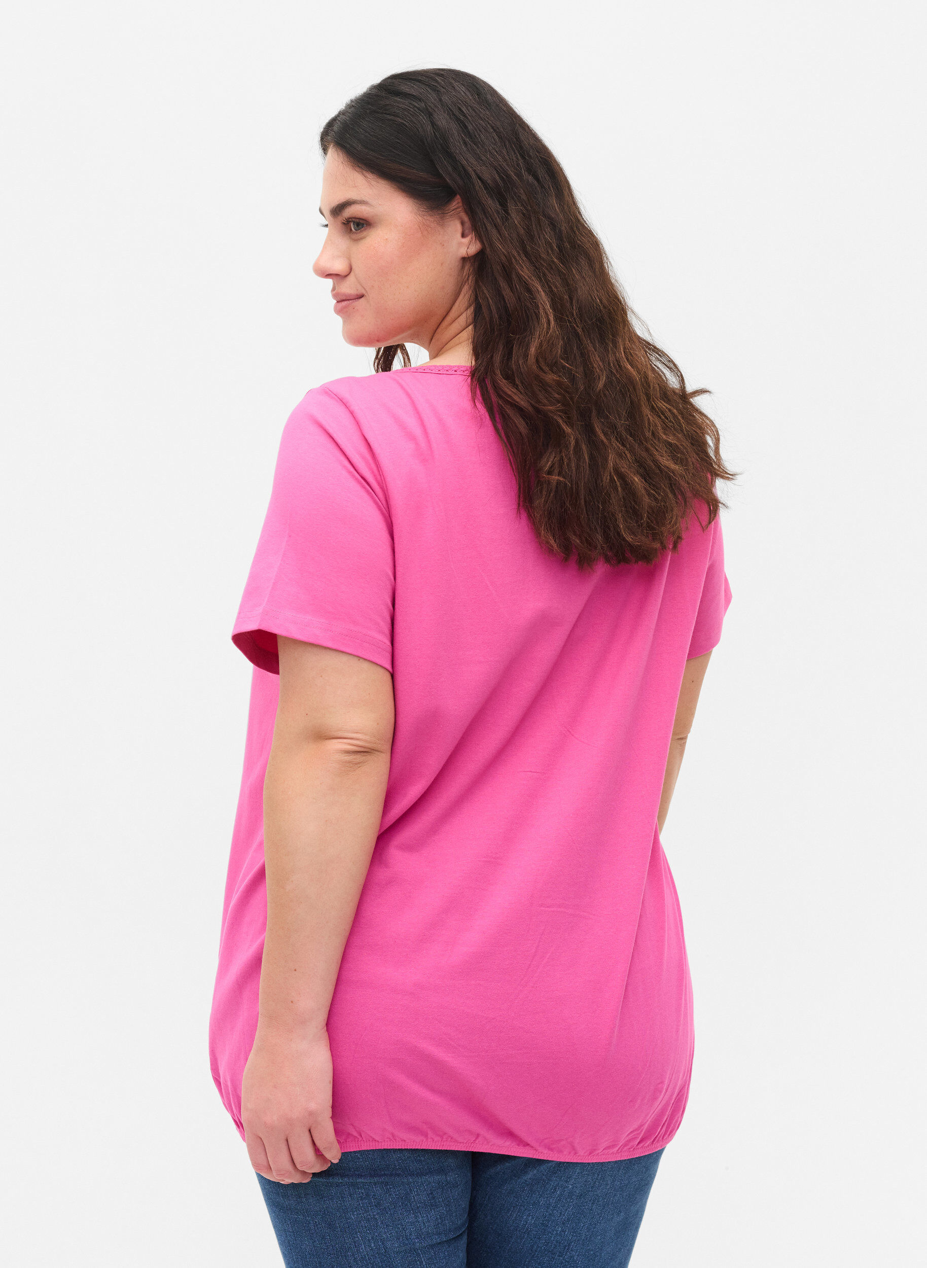 Zizzi Kurzarm Baumwoll-T-Shirt, Raspberry Rose, Model image number 1