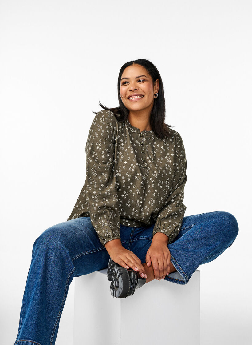 Langarmbluse mit Muster und Kn&ouml;pfen, Gr&uuml;n, Image image number 0