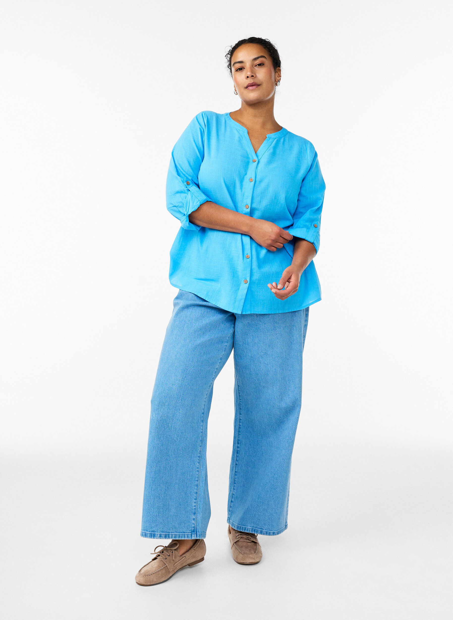 ZizziHemdbluse aus Baumwolle mit V-Ausschnitt, Blau, Model image number 1