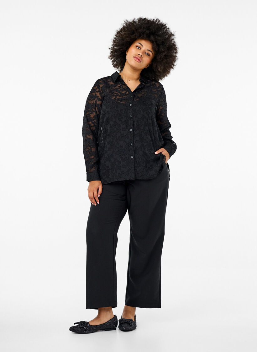 Jacquard-Bluse mit Knöpfen, Black, Model image number 3