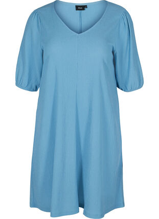 Kleid mit Puffärmeln und V-Ausschnitt, Azure Blue, Packshot image number 0