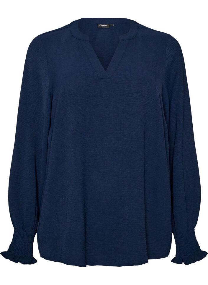 Bluse mit Smockb&uuml;ndchen und V-Ausschnitt, Blau, Packshot image number 0