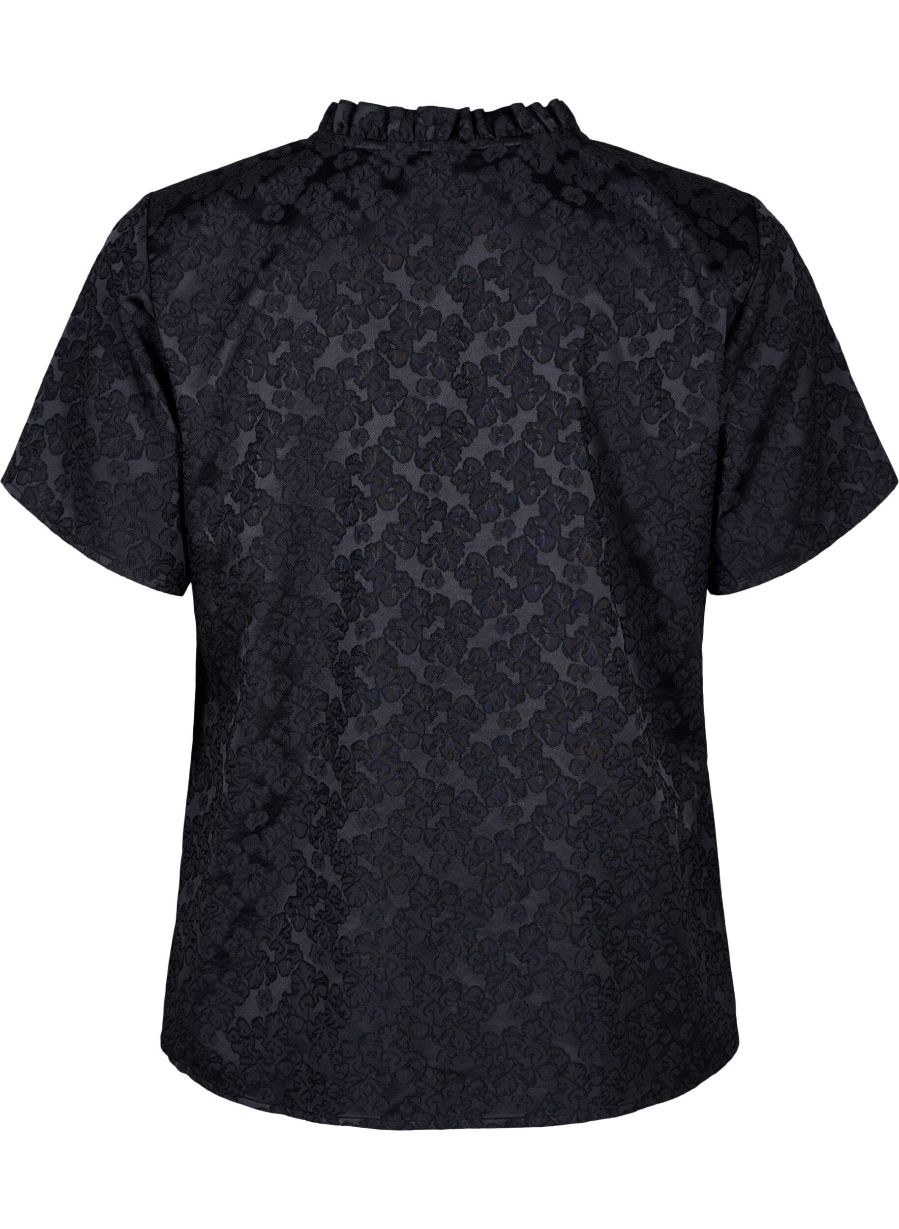 Zizzi Kurz&auml;rmelige Jacquard-Bluse mit Schleifen, Schwarz, Packshot image number 1