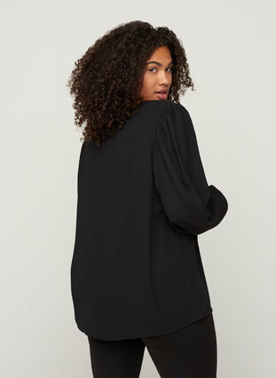 Bluse mit V-Ausschnitt und Spitzenbündchen, Black, Model image number 1