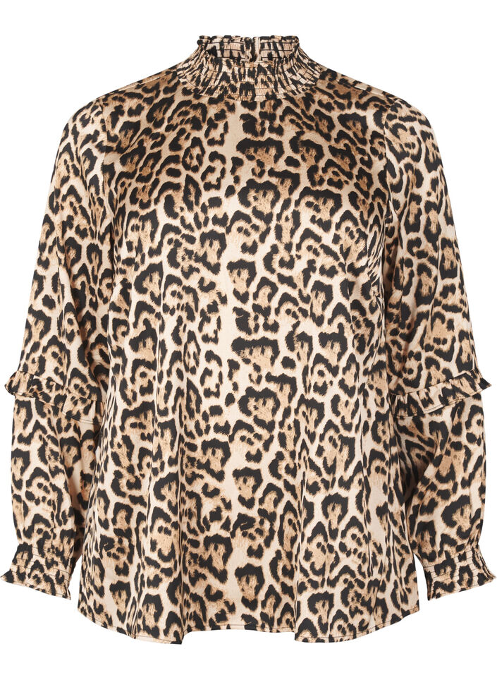 Bluse mit Smok-Einsatz und Leopardenmuster, Braun, Packshot image number 0
