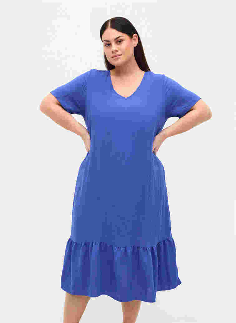 Kurzarm Viskosekleid mit V-Ausschnitt, Dazzling Blue, Model image number 0