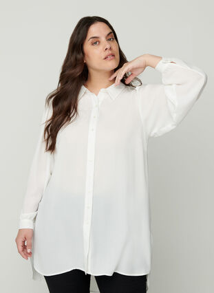Lange Hemdbluse mit leichten Puff-Ärmeln, Bright White, Model image number 0