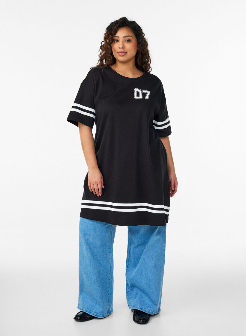 Kurzes T-Shirt-Kleid mit sportlichen Details, Schwarz, Model image number 1