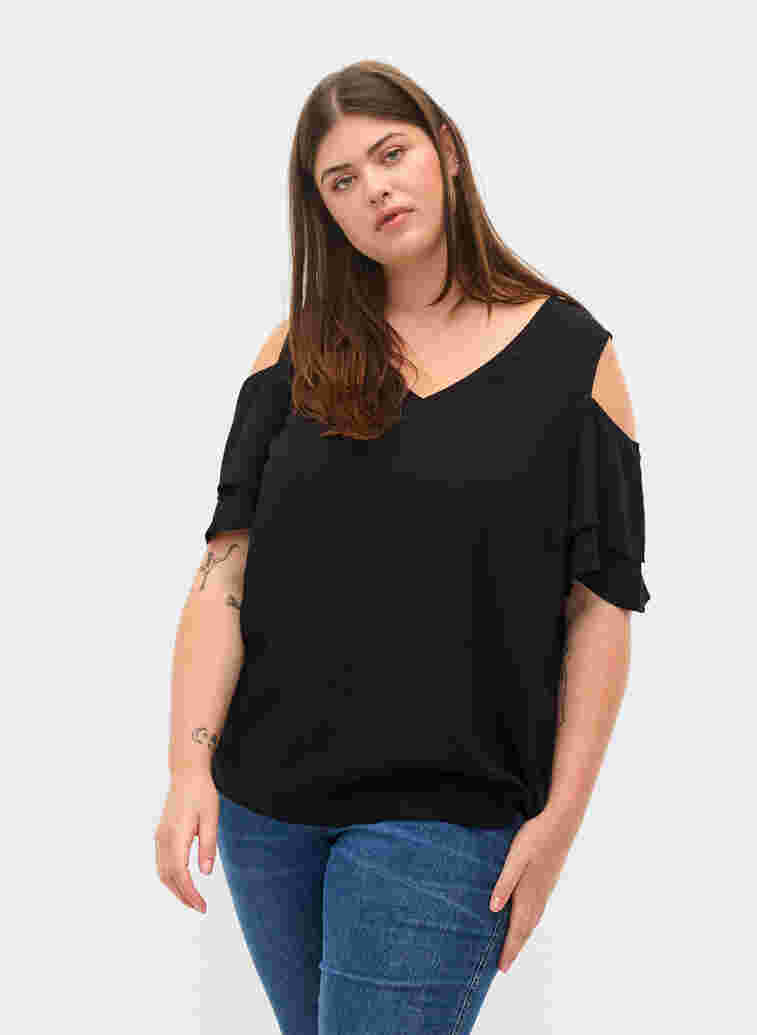 Kurzärmelige Bluse aus Viskose, Black, Model image number 0
