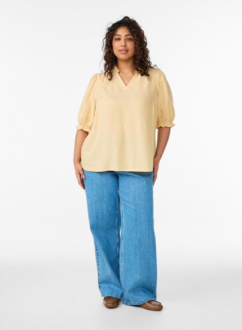 Bluse aus Leinen und Viskose mit 1/2-&Auml;rmeln, Gelb, Model image number 1